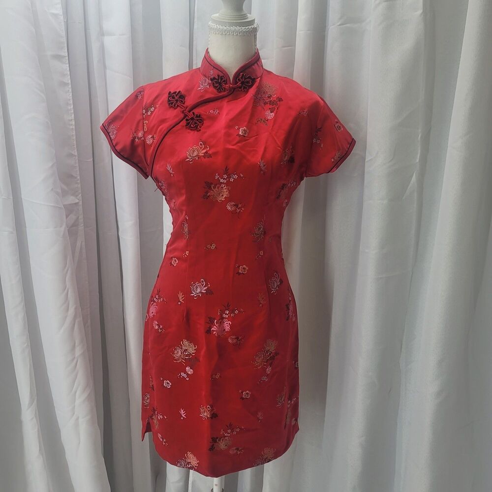 The Silk Box Vintage Red Floral Brocade Cheongsam Qipao Dress Size 36 (Small)